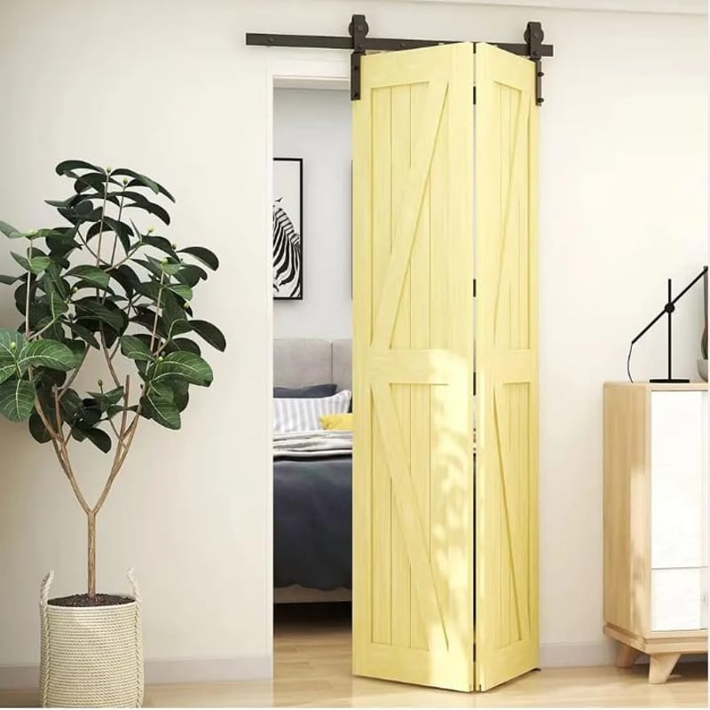Hoconnie 9 láb 274 cm kétajtós bi-folding toló barn ajtó vasalat készlet sínekkel helytakarékos 2 ajtóhoz