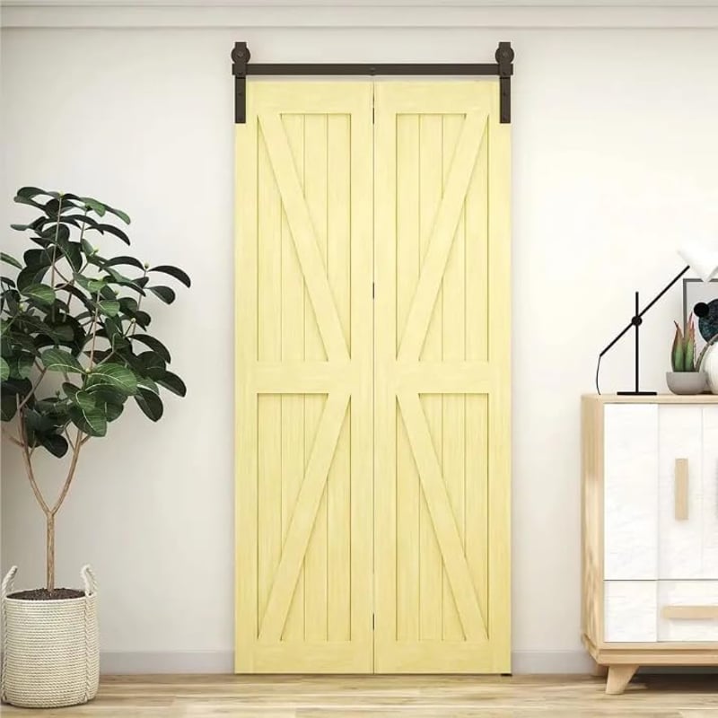 Hoconnie 9 láb 274 cm kétajtós bi-folding toló barn ajtó vasalat készlet sínekkel helytakarékos 2 ajtóhoz
