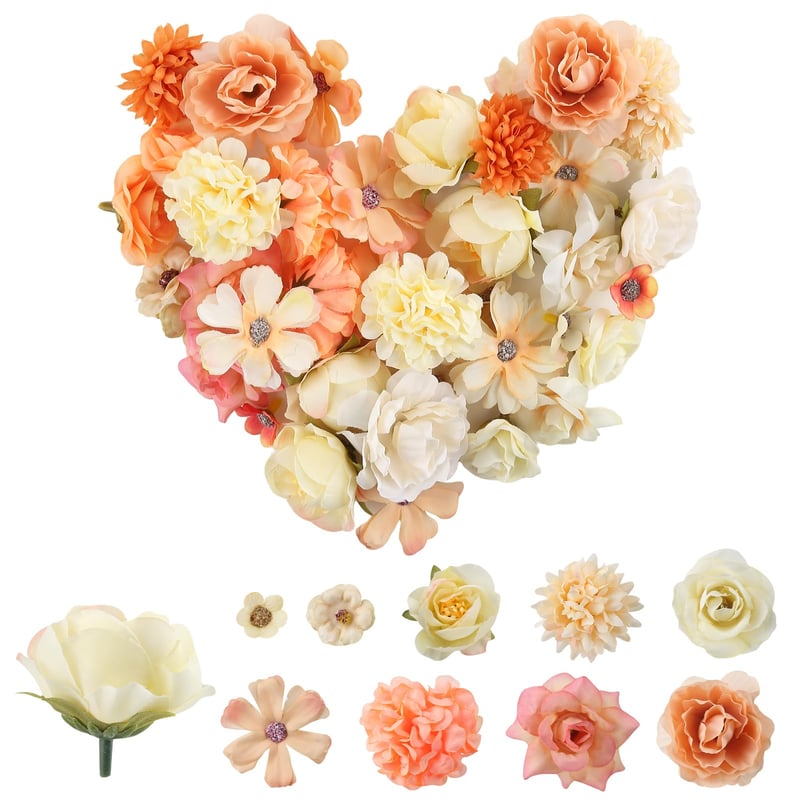 HOCUCHELAND 40 ks umelé kvety na tvorenie, súprava 10 štýlov mini plastových hlavičiek ruží, 2 – 5 cm, na svadobné a DIY dekorácie, scrapbooking, oranžové