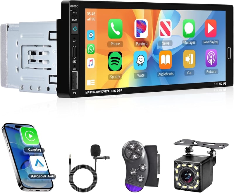 Hodozzy 1 DIN Autórádió 6.86" HD Érintőképernyővel - Vezeték Nélküli CarPlay & Android Auto, Bluetooth, Tükrözés, Hangvezérlés, FM, USB + To