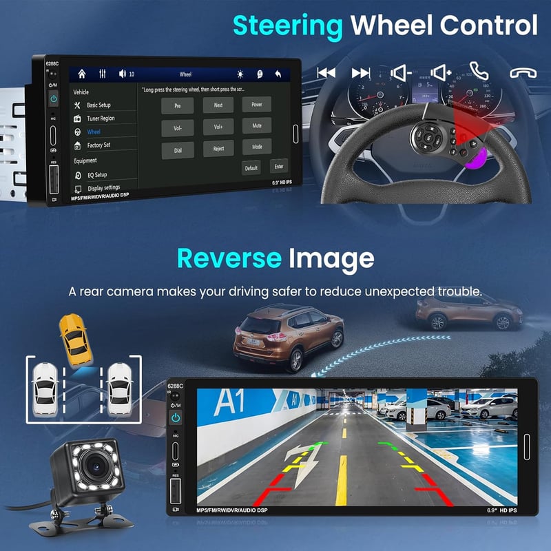 Hodozzy 1 DIN Autórádió 6.86" HD Érintőképernyővel - Vezeték Nélküli CarPlay & Android Auto, Bluetooth, Tükrözés, Hangvezérlés, FM, USB + To