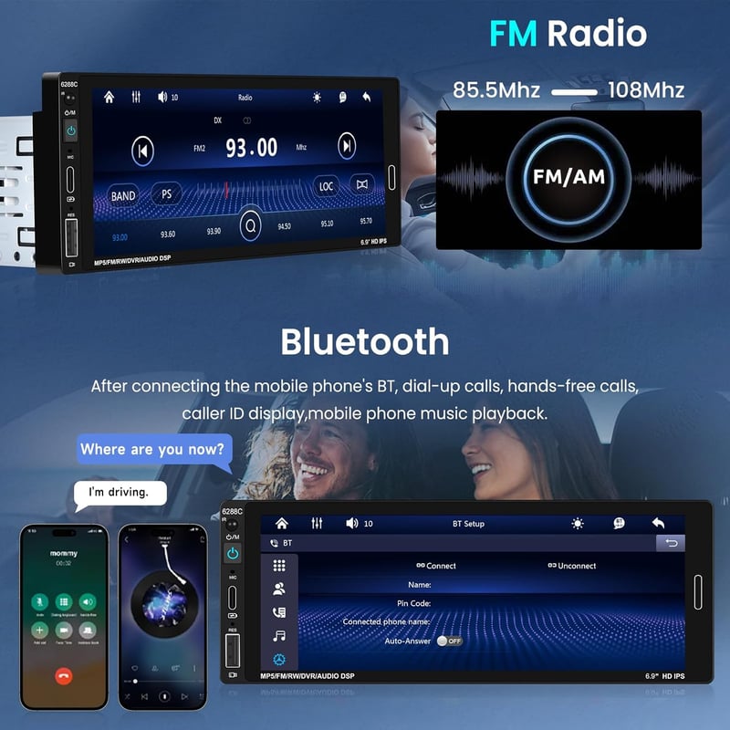 Hodozzy 1 DIN Autórádió 6.86" HD Érintőképernyővel - Vezeték Nélküli CarPlay & Android Auto, Bluetooth, Tükrözés, Hangvezérlés, FM, USB + To