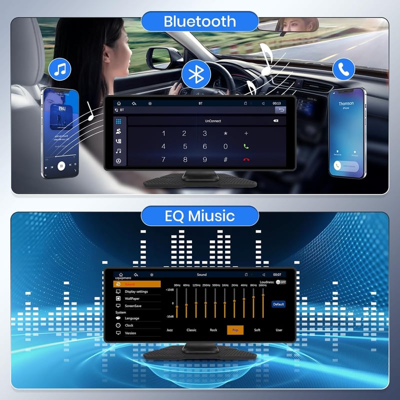 Hodozzy 10.26" Hordozható Autórádió Vezeték Nélküli CarPlay és Android Auto Támogatással, IPS Érintőképernyővel és Tolatókamerával