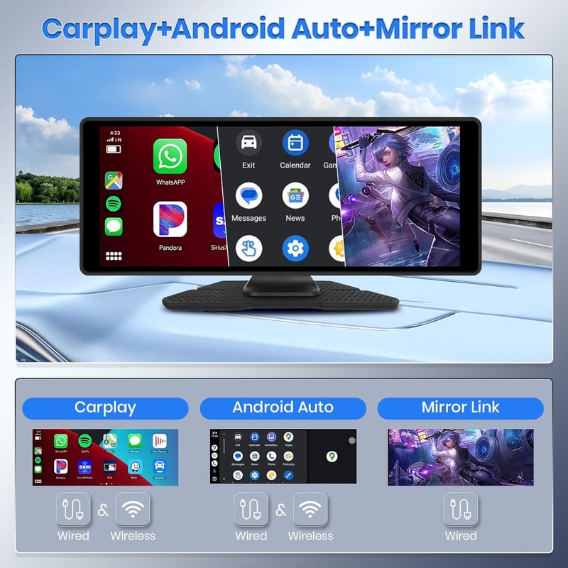 Hodozzy 10.26" Hordozható Autórádió Vezeték Nélküli CarPlay és Android Auto Támogatással, IPS Érintőképernyővel és Tolatókamerával