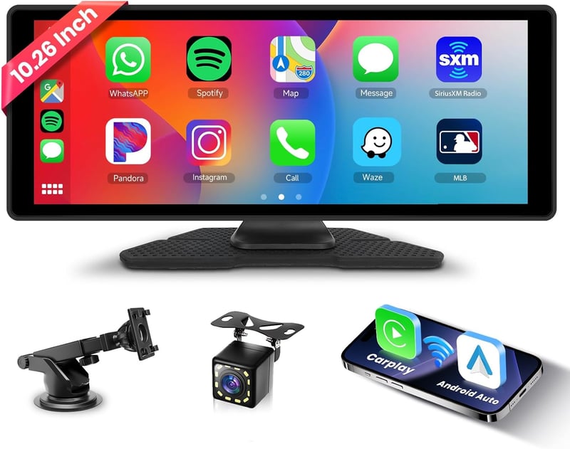Hodozzy 10.26" Hordozható Autórádió Vezeték Nélküli CarPlay és Android Auto Támogatással, IPS Érintőképernyővel és Tolatókamerával