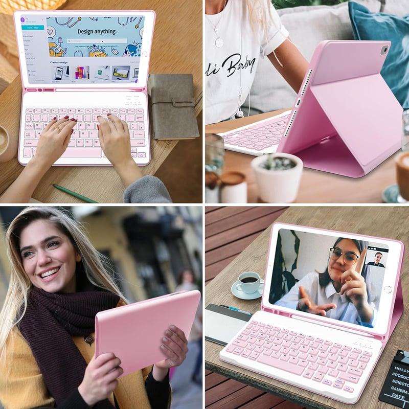 Hofsos iPad 10.2" Billentyűzetes Tok QWERTZ Mágneses Ceruza Tartóval Rózsaszín