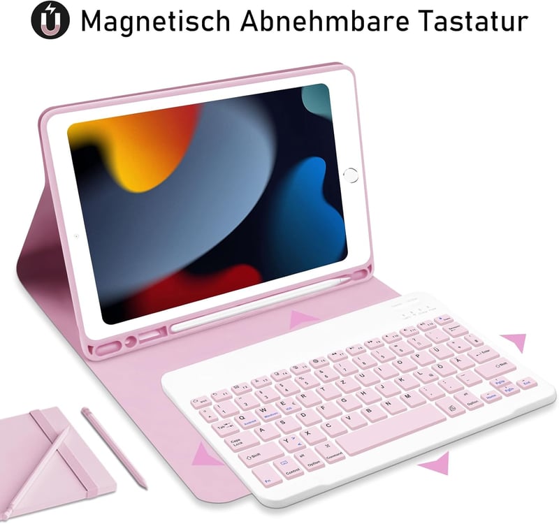 Hofsos iPad 10.2" Billentyűzetes Tok QWERTZ Mágneses Ceruza Tartóval Rózsaszín