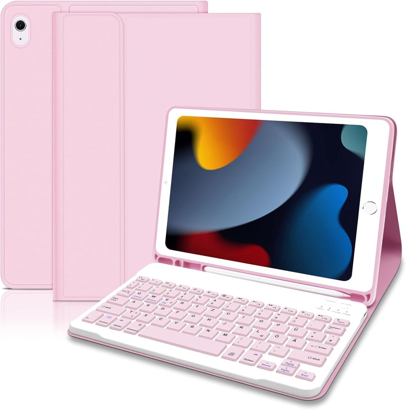 Hofsos iPad 10.2" Billentyűzetes Tok QWERTZ Mágneses Ceruza Tartóval Rózsaszín