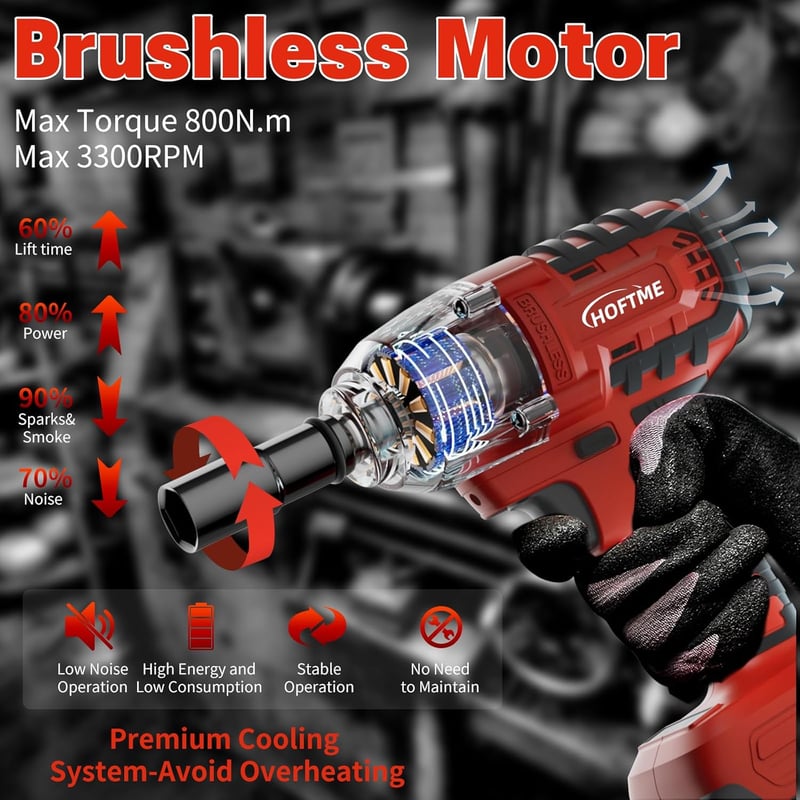 HOFTME Akkus Ütvecsavarozó 1/2" 700Nm Brushless 20V Lítium Akkumulátor Piros