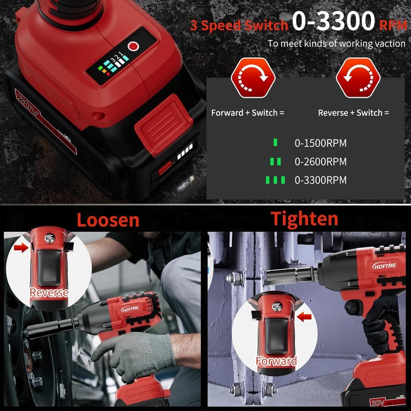 HOFTME Akkus Ütvecsavarozó 1/2" 700Nm Brushless 20V Lítium Akkumulátor Piros