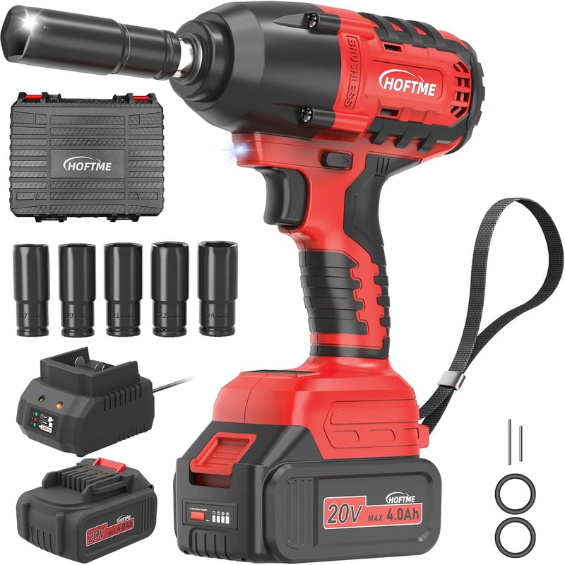 HOFTME Akkus Ütvecsavarozó 1/2" 700Nm Brushless 20V Lítium Akkumulátor Piros