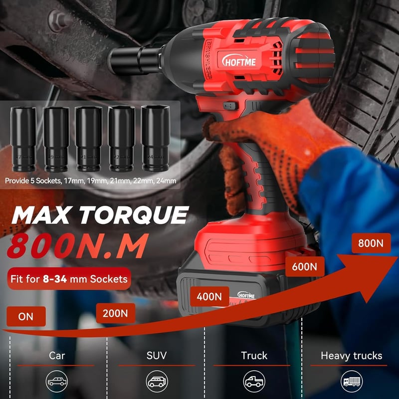 HOFTME Akkus Ütvecsavarozó 1/2" 700Nm Brushless 20V Lítium Akkumulátor Piros
