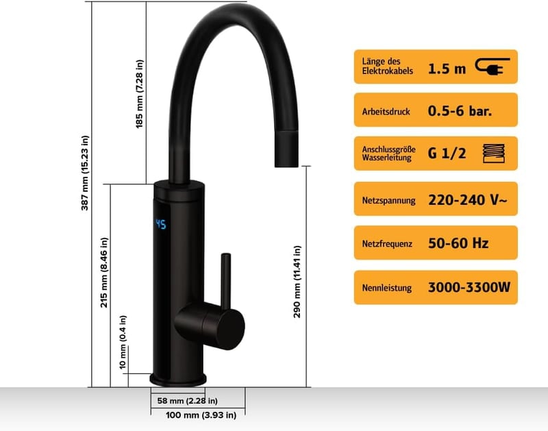 HOGART Elektromos Csap Azonnali Vízfűtéssel 230V Konyha Fürdőszoba Kerti Használatra