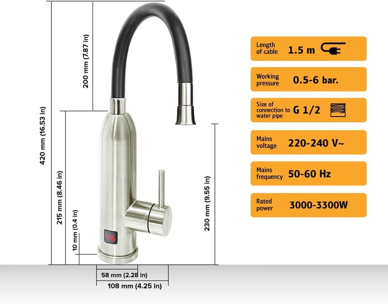 HOGART Elektromos Csaptelep Azonnali Vízfűtővel 230V Konyha Fürdőszoba Kerti Használatra