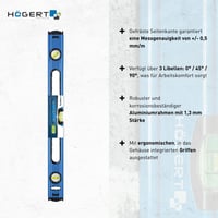 Högert Technik HT4M010 alumínium vízmérték 100 cm, 3 libellával (0°/45°/90°), ütéscsillapító végsapkákkal, 100x5,65x2,1 cm 3