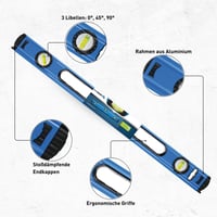 Högert Technik HT4M010 alumínium vízmérték 100 cm, 3 libellával (0°/45°/90°), ütéscsillapító végsapkákkal, 100x5,65x2,1 cm 5