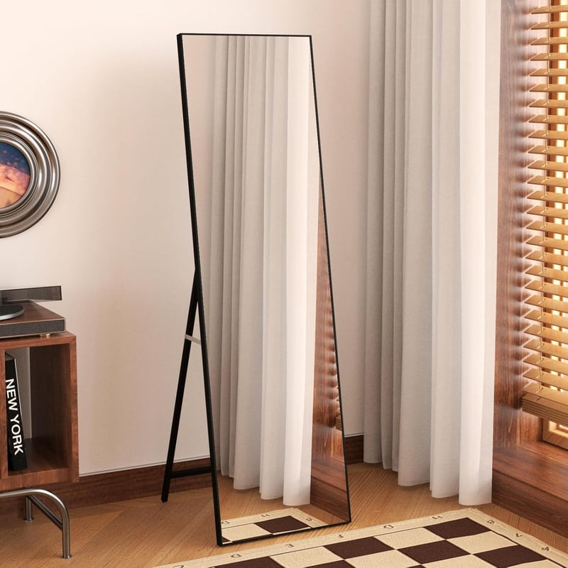 Hoikwo 140x41 cm Álló Tükör Teljes Alakos, Fekete Kerettel - Fali Függeszthető vagy Támasztható Tükör Hálószobába, Nappaliba, Előszobába