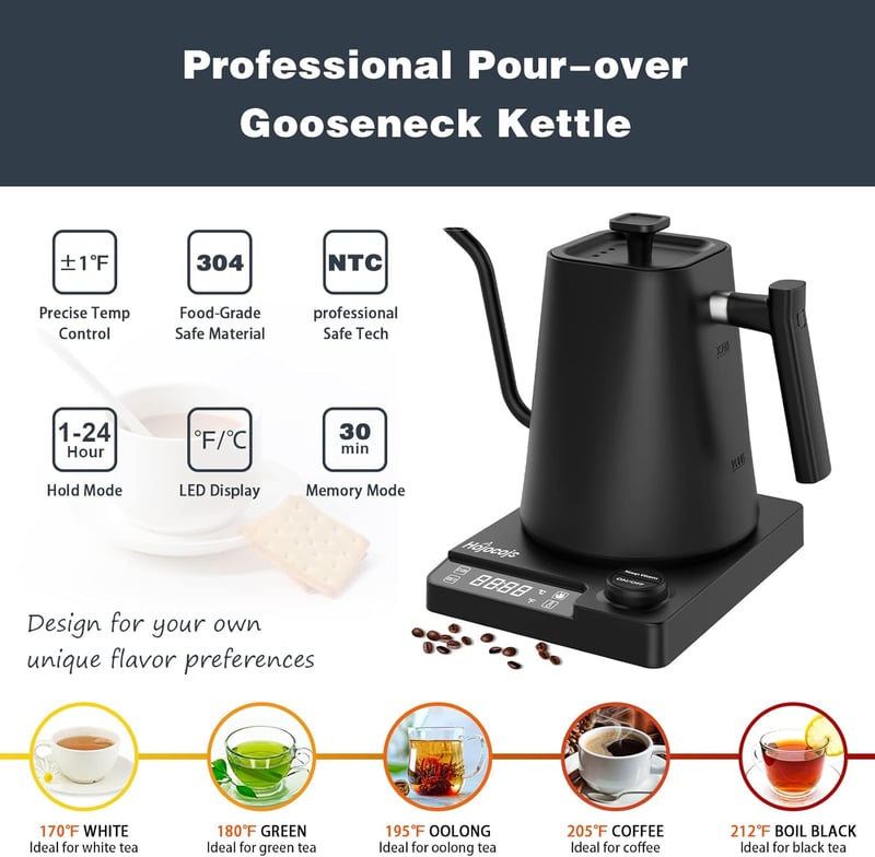 Hojocojo Elektromos Vízforraló Hőmérsékletes Kijelzővel, Gooseneck, 1L, 1200W, Fekete