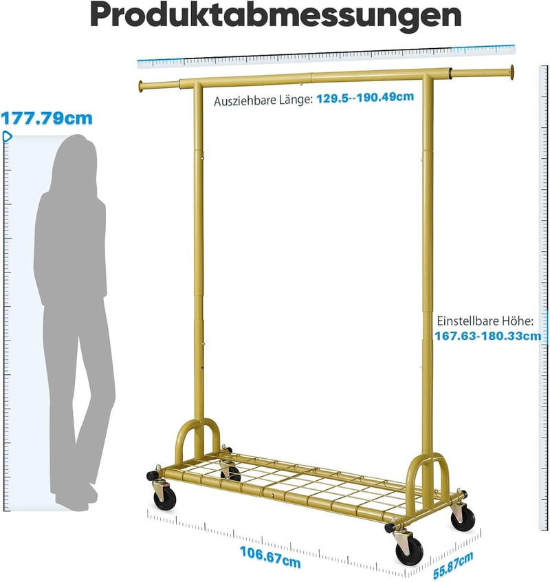 HOKEEPER Ruhaállvány Polcokkal, 200 kg Terhelhetőség, Kerekeken, Arany
