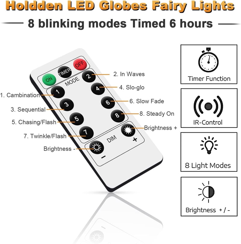 Holdden LED Gömb Fényfüzér 8 Móddal, USB Meleg Fehér, IP67 Vízálló Dekoráció