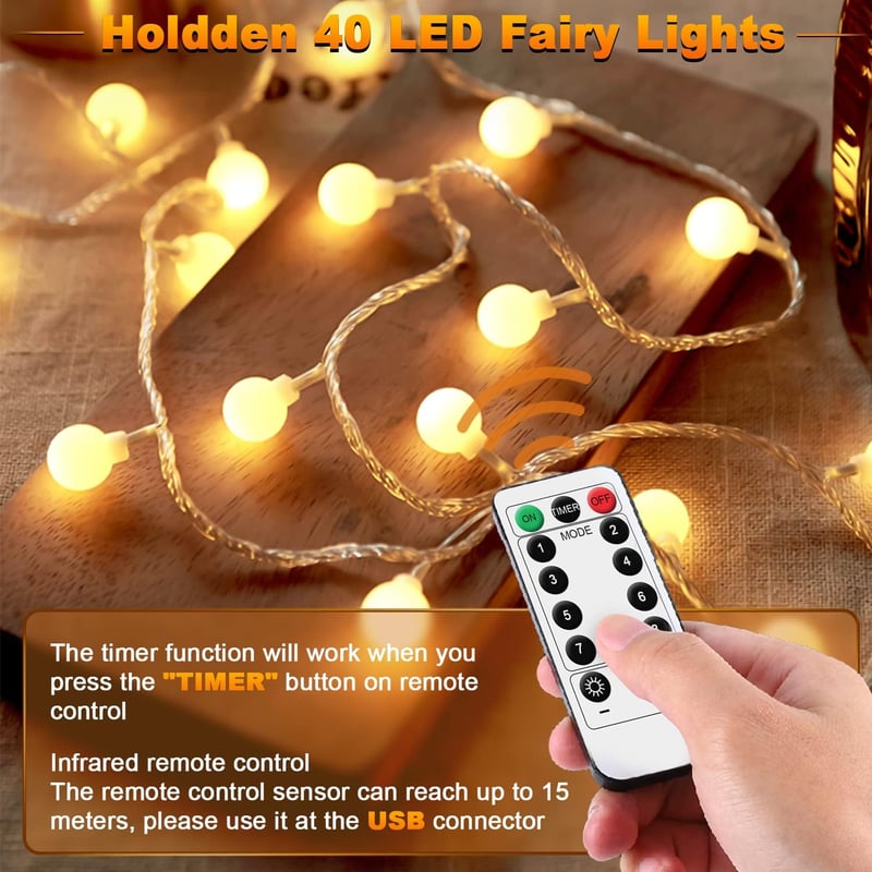 Holdden LED Gömb Fényfüzér 8 Móddal, USB Meleg Fehér, IP67 Vízálló Dekoráció