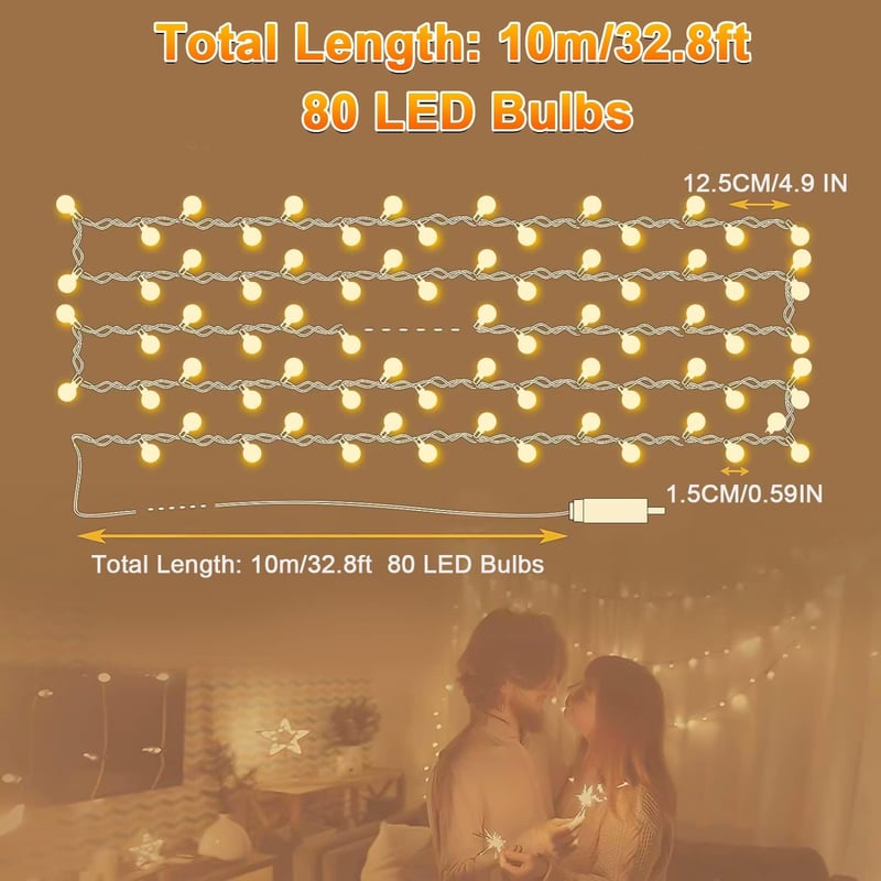 Holdden LED Gömb Fényfüzér 8 Móddal, USB Meleg Fehér, IP67 Vízálló Dekoráció