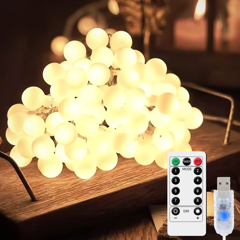 Holdden LED Gömb Fényfüzér 8 Móddal, USB Meleg Fehér, IP67 Vízálló Dekoráció