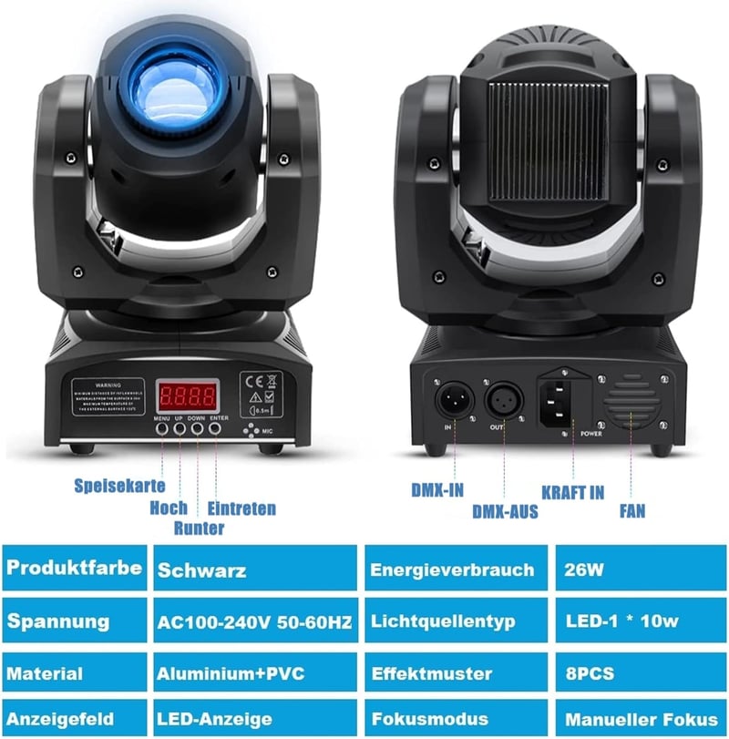 HOLDLAMP DMX512 Mozgó Fejű LED Színpadi Lámpa Szett - 8 Mintás Fényeffekt Diszkóhoz, Bulikhoz, Rendezvényekhez - 2 db