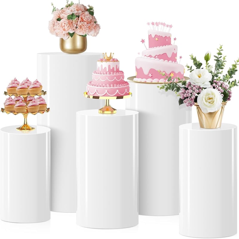 HoldOneLight biely valcový stojan, 5 ks – okrúhly dekoratívny podstavec na tortu, kvety, stolové dekorácie, na svadbu, narodeninovú oslavu, babyshower