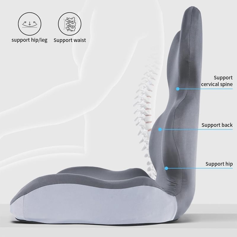 HoldOneLight Ortopédiai ülőpárna háttámlával szürke, coccyx és oldaltámasz, hosszú verzió irodai székhez és autóba