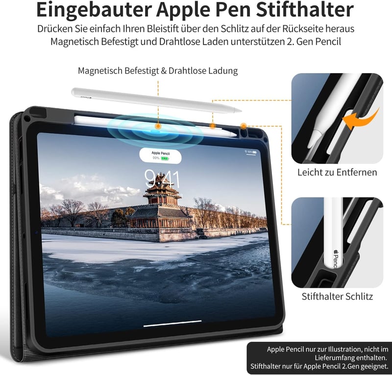 HOLIMET iPad Air 11/10.9 hüvely toll tartóval, PU bőr, ütésálló, többszögű állvány, fekete