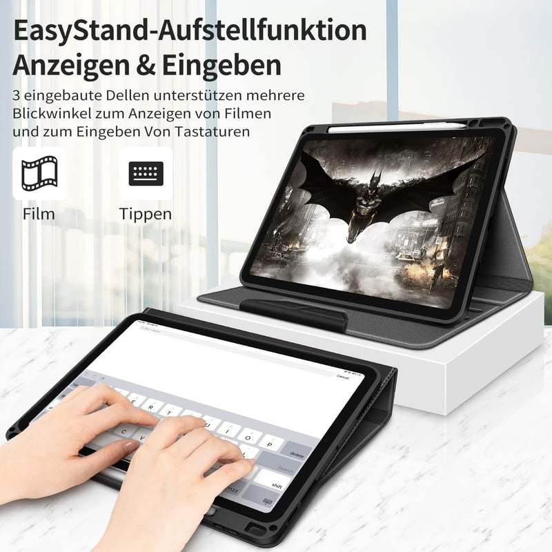 HOLIMET iPad Air 11/10.9 hüvely toll tartóval, PU bőr, ütésálló, többszögű állvány, fekete