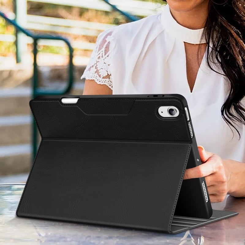 HOLIMET iPad Air 11/10.9 hüvely toll tartóval, PU bőr, ütésálló, többszögű állvány, fekete