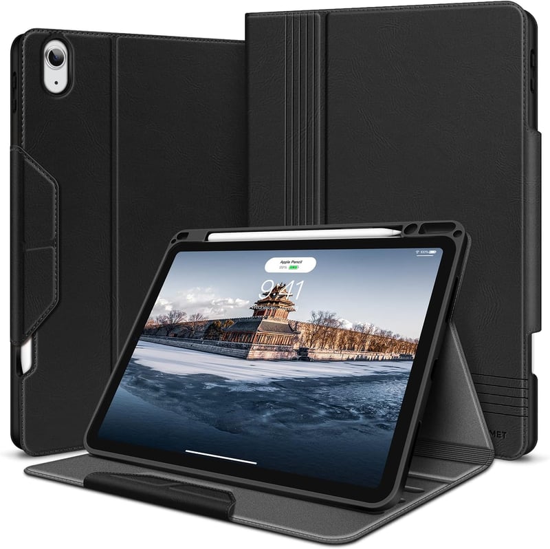 HOLIMET iPad Air 11/10.9 hüvely toll tartóval, PU bőr, ütésálló, többszögű állvány, fekete