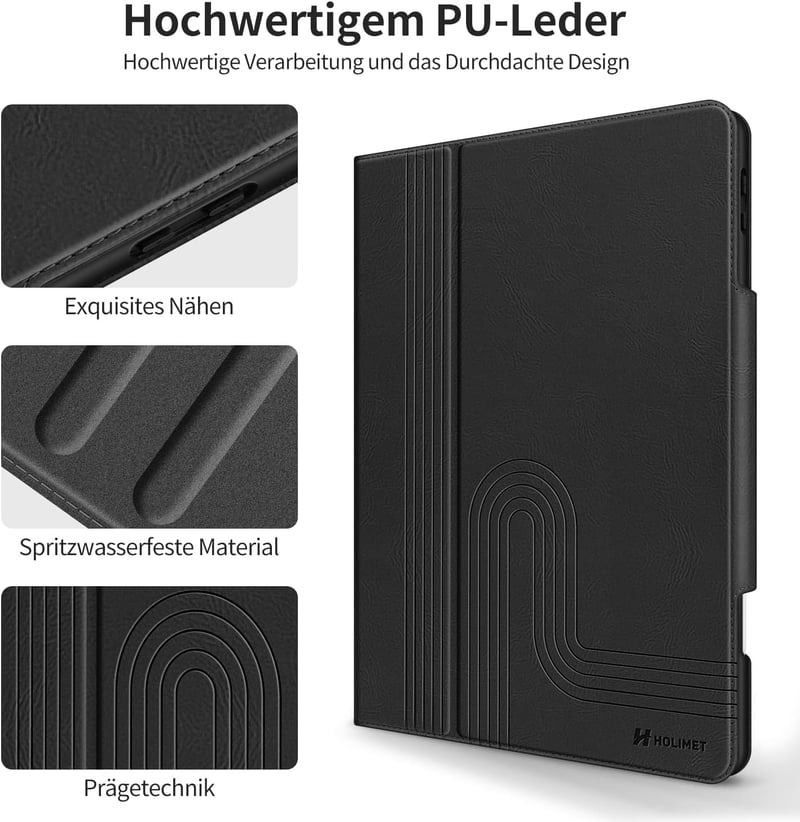 HOLIMET iPad Air 11/10.9 hüvely toll tartóval, PU bőr, ütésálló, többszögű állvány, fekete