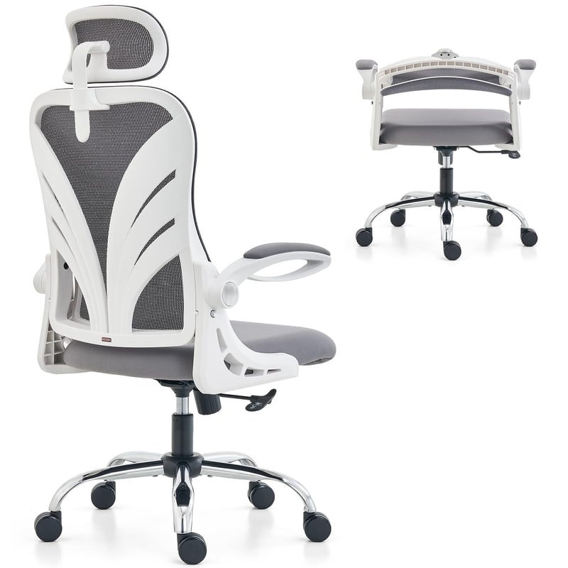 Scaun de Birou Ergonomic HOLLUDLE, cu Spătar Rabatabil, Tetieră 2D, Cotiere Rabatabile, Suport Lombar din Plasă, Alb