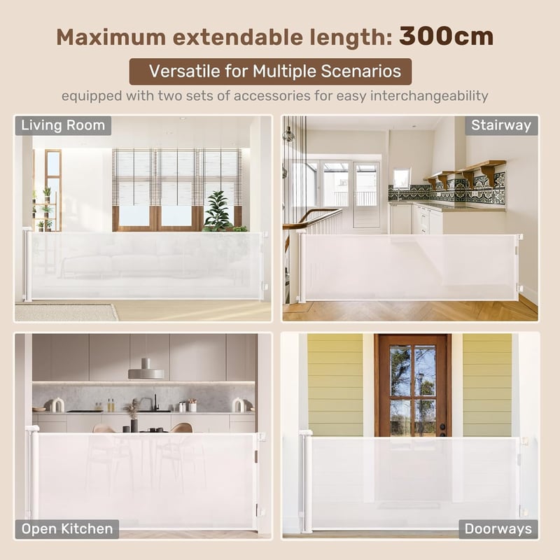 HollyHOME Biztonsági Ajtórács - Extra Széles 300 cm, Egykezes Nyitás, Visszahúzható, Babáknak és Kisállatoknak, Bel- és Kültéri Használatra,