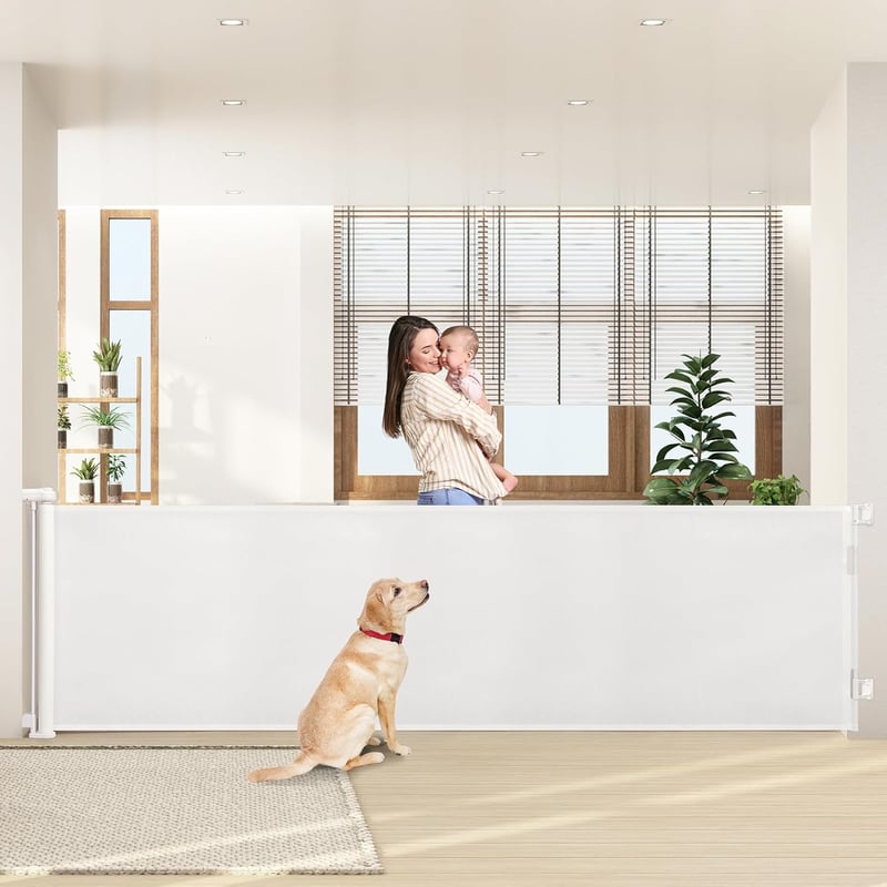 HollyHOME Biztonsági Ajtórács - Extra Széles 300 cm, Egykezes Nyitás, Visszahúzható, Babáknak és Kisállatoknak, Bel- és Kültéri Használatra,