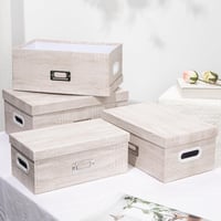 Hollyone sada 4 úložných boxov s vekom, kartónové dekoratívne škatule s otvormi na rukoväte, obdĺžnikové stohovateľné úložné boxy na knihy 6