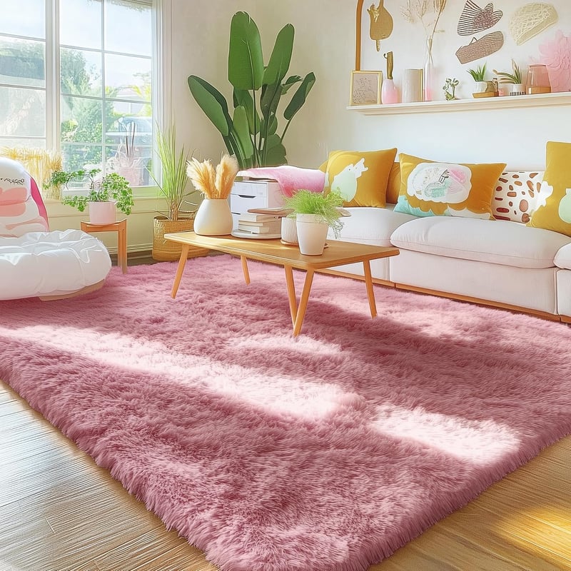 Homaxy Rózsaszín magas halyú bolyhos szőnyeg csúszásgátló alappal mosható gyerekszobába nappaliba hálószobába 200x280 cm
