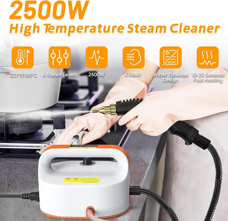 Hombasing 2500W Kézi Gőztisztító 4.5 Bar Nyomással, 6 Fokozatú Szabályozás, Víztartály Nélküli Kompakt Gőzölő Konyha, Fürdő, Autó Tisztításá