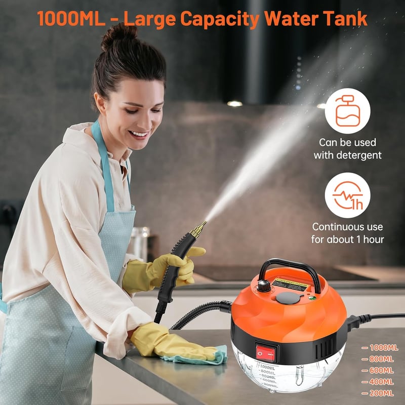 Hombasing Gőztisztító 2500W - Kézi Gőzölő 6 Sebességfokozattal, 3 Kefefejjel, 1000ml Víztartállyal, Konyhai, Fürdőszobai, Padló Tisztításhoz