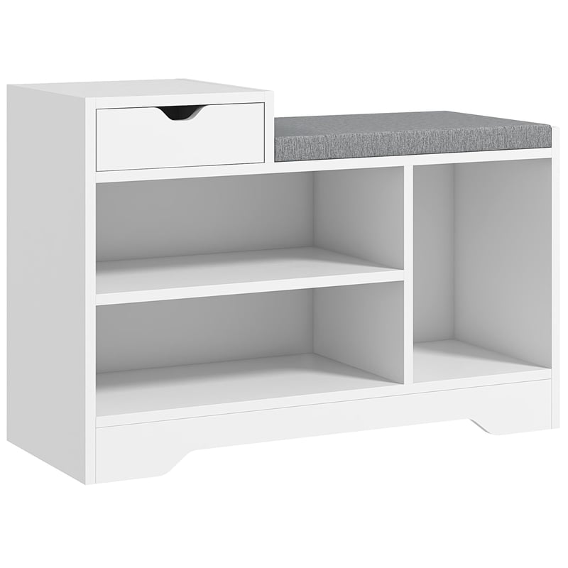 HOMCOM Cipőtároló pad fiókkal és 3 rekesszel, 76,5x30x52 cm, fehér, kárpitozott ülőfelülettel