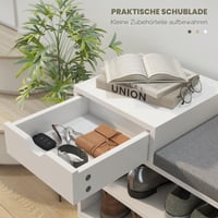 HOMCOM Cipőtároló pad fiókkal és 3 rekesszel, 76,5x30x52 cm, fehér, kárpitozott ülőfelülettel 5