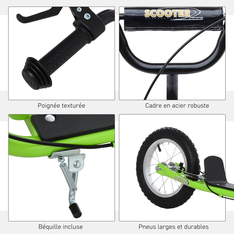 HOMCOM Gyermek Roller 5 Éves Kortól - Nagy Kerekekkel, Állítható Kormánymagassággal, Hátsó Fékkel, Zöld Acélvázzal, 100 kg Teherbírással