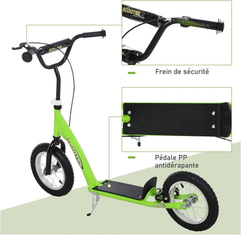 HOMCOM Gyermek Roller 5 Éves Kortól - Nagy Kerekekkel, Állítható Kormánymagassággal, Hátsó Fékkel, Zöld Acélvázzal, 100 kg Teherbírással