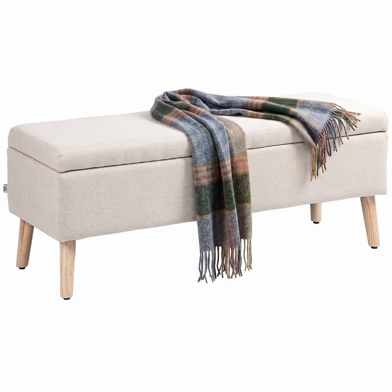 Bancă Tapițată cu Spațiu de Depozitare HOMCOM pe Picioare din Lemn, 110x39x45 cm, Verde Deschis - Bancă cu Depozitare pentru Sufragerie