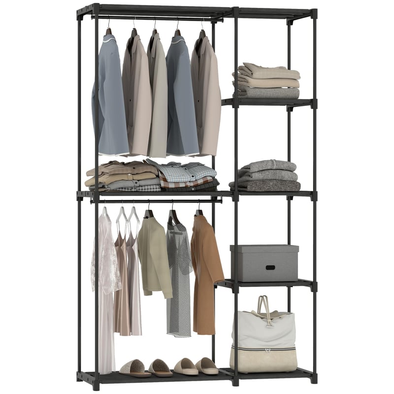 Dulap pentru haine HOMCOM din material textil cu bară pentru umerașe și rafturi, 111 x 43 x 185 cm, Negru, pentru dormitor sau dressing
