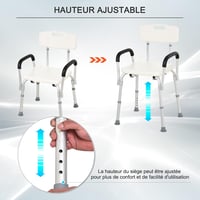 HOMCOM Zuhanyzó Szék Ergonomikus Állítható Magasságú Csúszásgátló Lábakkal Levehető Karfákkal 136kg Terhelhetőség Alumínium Fehér 3