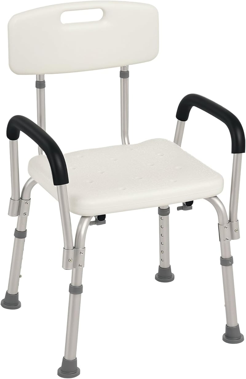 HOMCOM Zuhanyzó Szék Ergonomikus Állítható Magasságú Csúszásgátló Lábakkal Levehető Karfákkal 136kg Terhelhetőség Alumínium Fehér